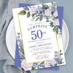 Convite Blue White Floral 50th Birthday Surprise Party<br><div class="desc">Honre uma mulher especial com este elegante e feminino 50º Convite de festas Surpresa de Aniversário. Surpresa e o 50º está escrito em grande texto azul. A Celebração de Aniversário segue. O nome do convidado também está em letras azuis. Os detalhes da comemoração de aniversário estão rodeados por um quadro...</div>