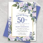 Convite Blue White Floral 50th Birthday Surprise Party<br><div class="desc">Honre uma mulher especial com este elegante e feminino 50º Convite de festas Surpresa de Aniversário. Surpresa e 50º estão escritas em grande texto azul. A Celebração de Aniversário segue. O nome do convidado também está em letras azuis. Os detalhes da comemoração de aniversário estão rodeados por um quadro de...</div>