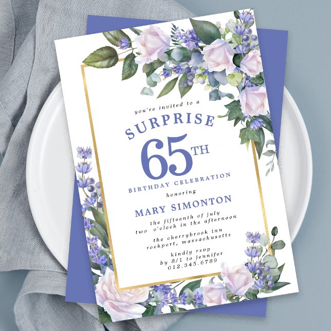 Convite Blue White Floral 65th Birthday Surprise Party (Criador carregado)
