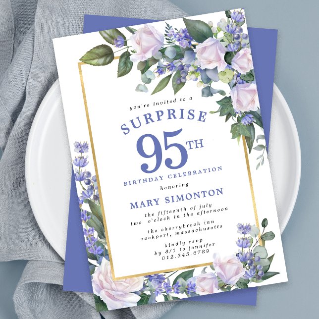Convite Blue White Floral 95th Birthday Surprise Party (Criador carregado)
