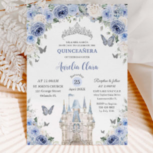 Convite Blue White Floral Princess Castle Quinceañera XV
