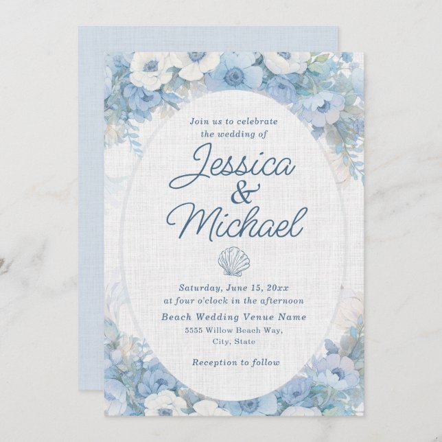 Convite Blue White Floral Seashell Coastal Beach Wedding  (Frente/Verso)