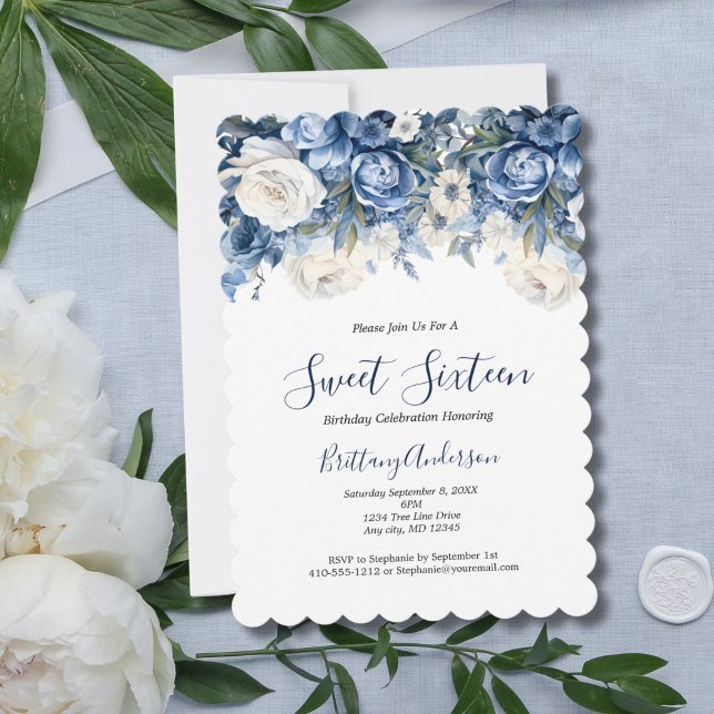 Convite Blue White Floral Sweet Dezesseis 16 Aniversário (Blue White watercolor florals roses sweet sixteen 16th birthday party invitation. Digital or Printed)