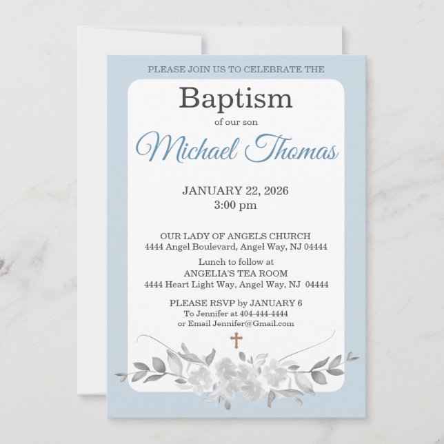 Convite Blue White Gray Rose Watercolor Cross Baptism (Frente)
