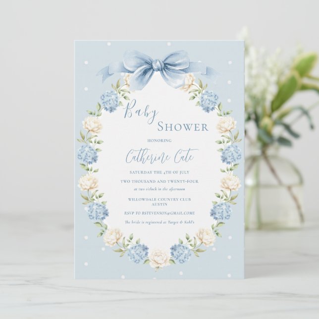 Convite Blue White Hydrangeas Ribbon Vintage Baby Shower (Em pé/Frente)