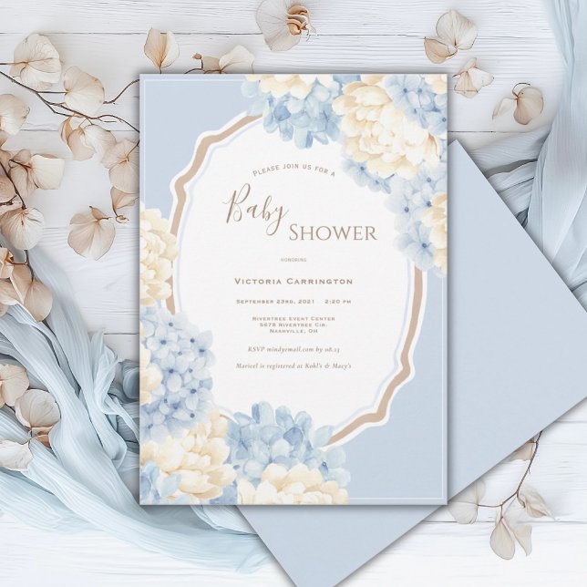 Convite Blue & White Hydrangeas Vintage Baby Shower (Criador carregado)