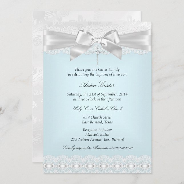 Convite Blue White Lace Cross Baptism (Frente/Verso)