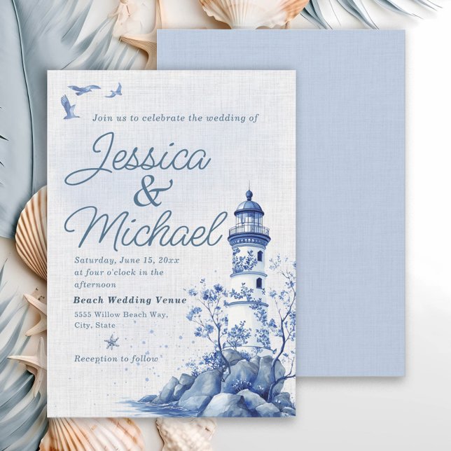 Convite Blue White Lighthouse Coastal Beach Wedding  (Blue and white lighthouse/nautiical/beach wedding invitation)