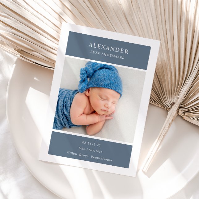 Convite Blue White Minimalist Photo Baby Announcement Card (Criador carregado)
