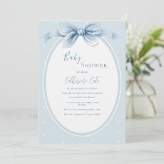 Convite Blue White Polkadots Ribbon Baby Shower