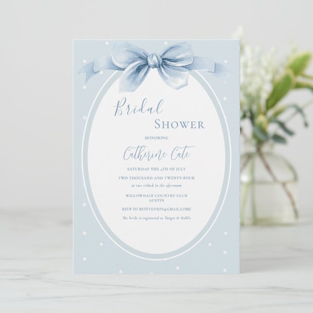 Convite Blue White Polkadots Ribbon Bridal Shower (Em pé/Frente)