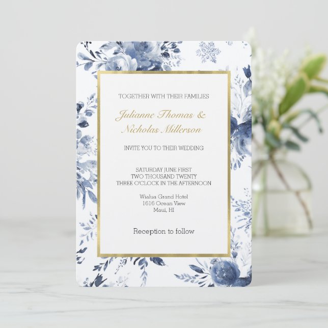 Convite Blue White Romantic Floral Wedding (Em pé/Frente)