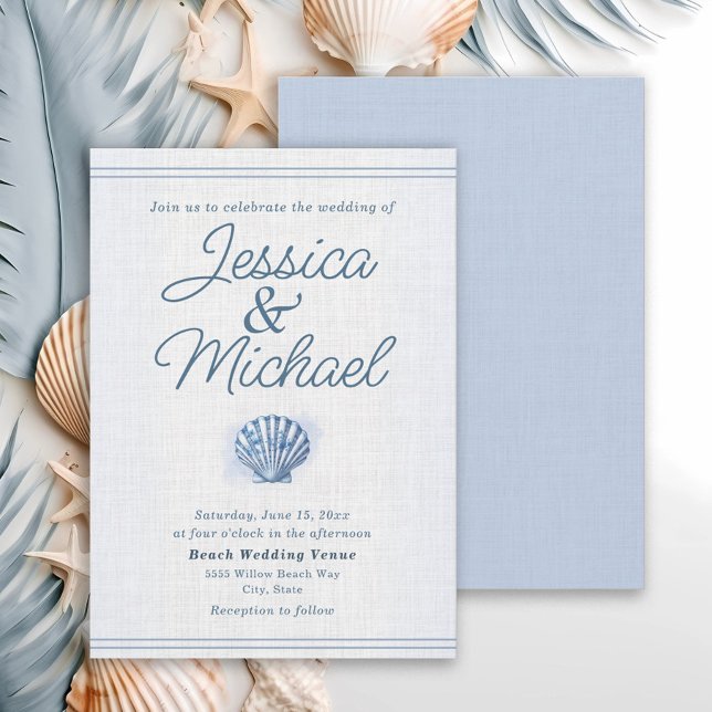 Convite Blue White Seashell Nautical Beach Wedding (Blue and white seashell beach wedding invitation)