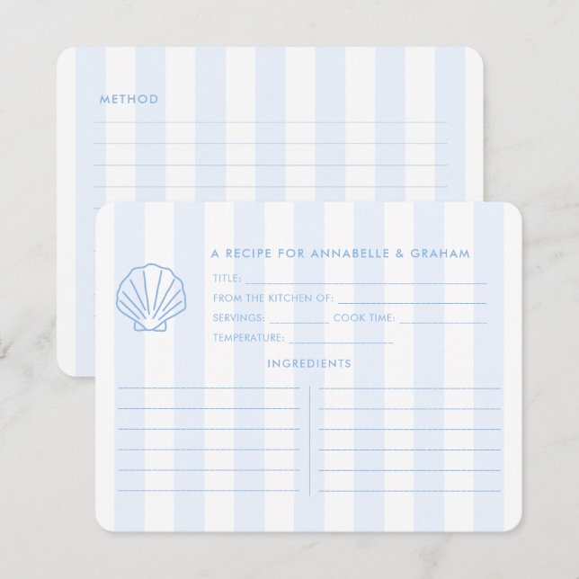 Convite Blue White Shell Beachy Bridal Shower Recipe Card (Frente/Verso)