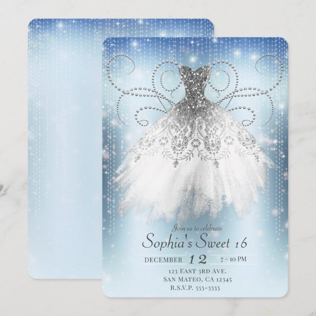 Convite Blue White Silver Princess Dress Doce Festa 16 (Frente/Verso)