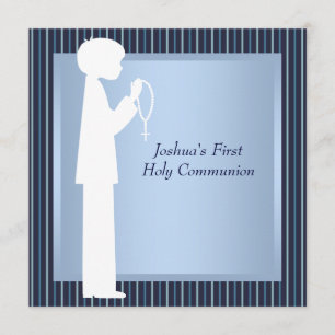 Convite Blue White Stripe Rosary Boys Primeira Comunhão