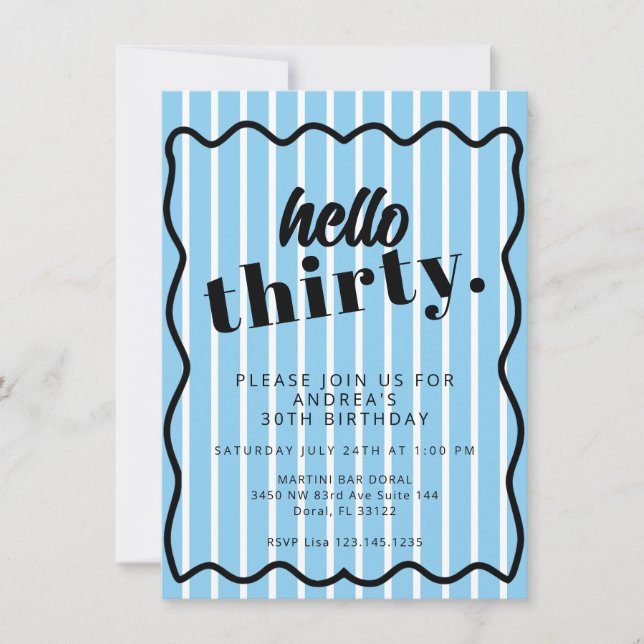 Convite Blue White Stripes Trinta aniversário de 30 anos (Frente)