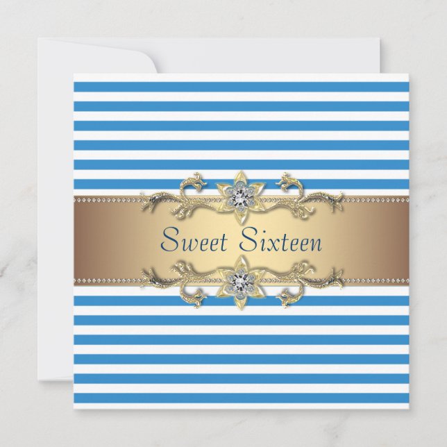Convite Blue White Summer Stripe Doce Dezesseis Festa (Frente)