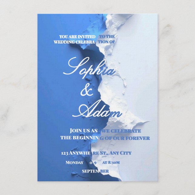 Convite Blue & White Textured Art Wedding Invitation  (Frente)
