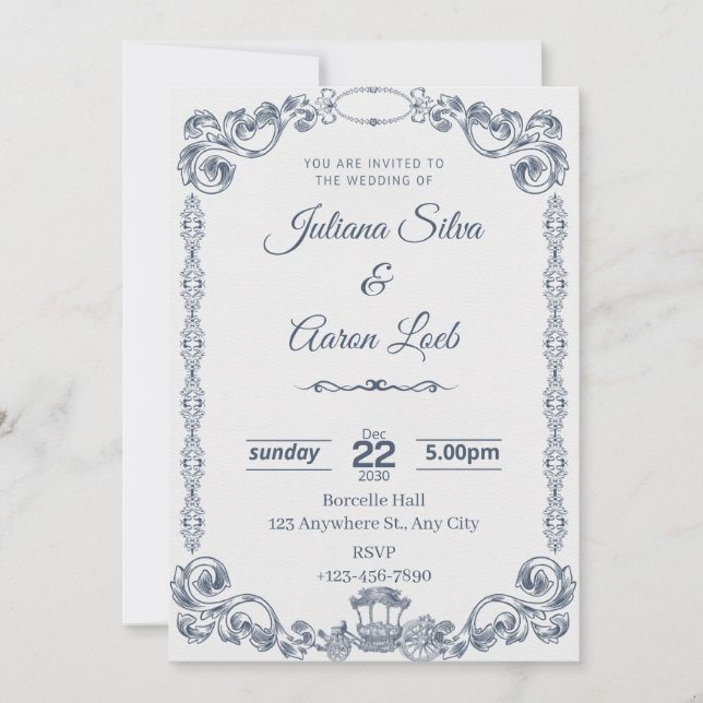 Convite Blue White Vintage Classic Elegant Wedding Invitat (Frente)