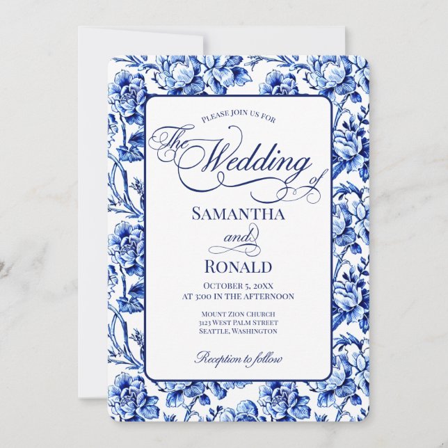 Convite Blue & White w Calligraphy Floral Toile Wedding (Frente)