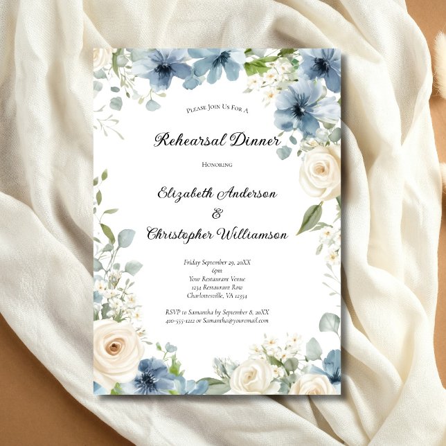 Convite Blue White Watercolor Florals Rehearsal Dinner (Blue White/Cream Watercolor Florals Wedding Rehearsal Dinner Invitation. Printed or Digital Download)