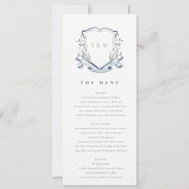 Convite Blue Wildflower Watercolor Crest Menu Card (Frente)