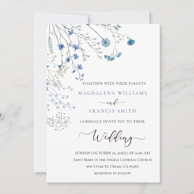 Convite blue wildflowers wedding invitation (Frente)