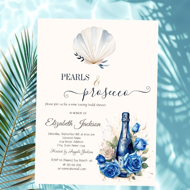 Convite Blue Wine Roses Seashell Pearls & Prosecco  (Criador carregado)