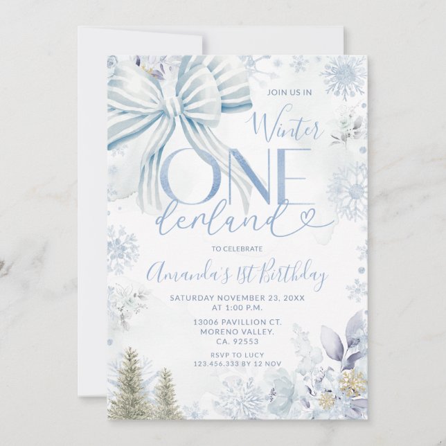 Convite Blue Winter Bow Onederland Snowflake 1st Birthday (Frente)