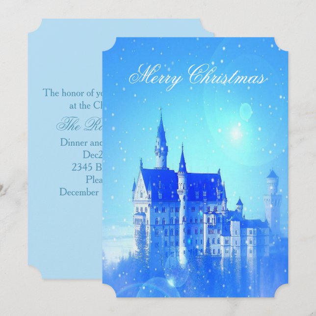 Convite Blue Winter Castle Snowflakes Festa de Natal (Frente/Verso)