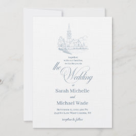 Convite Blue Winter Church Calligraphy Wedding Invitation