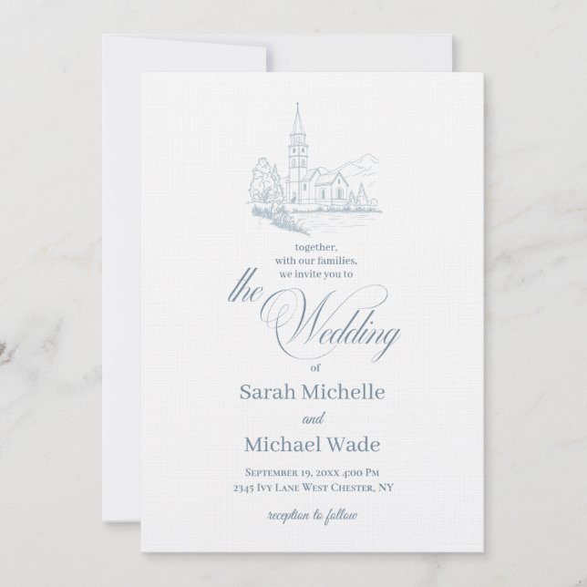 Convite Blue Winter Church Calligraphy Wedding Invitation (Frente)