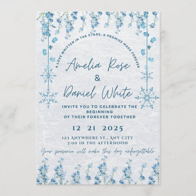 Convite Blue Winter Floral Wedding Invitation  (Frente)
