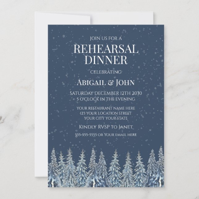 Convite Blue Winter Forest Rustic Rehearsal Dinner (Frente)