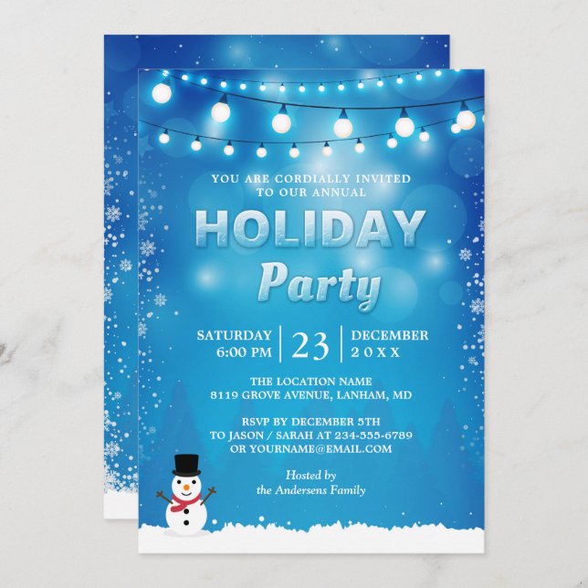 Convite Blue Winter Holiday Party String Lights Snowflakes (Frente/Verso)