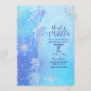 Convite Blue Winter Leaves & Snowflakes Doce 16 Party