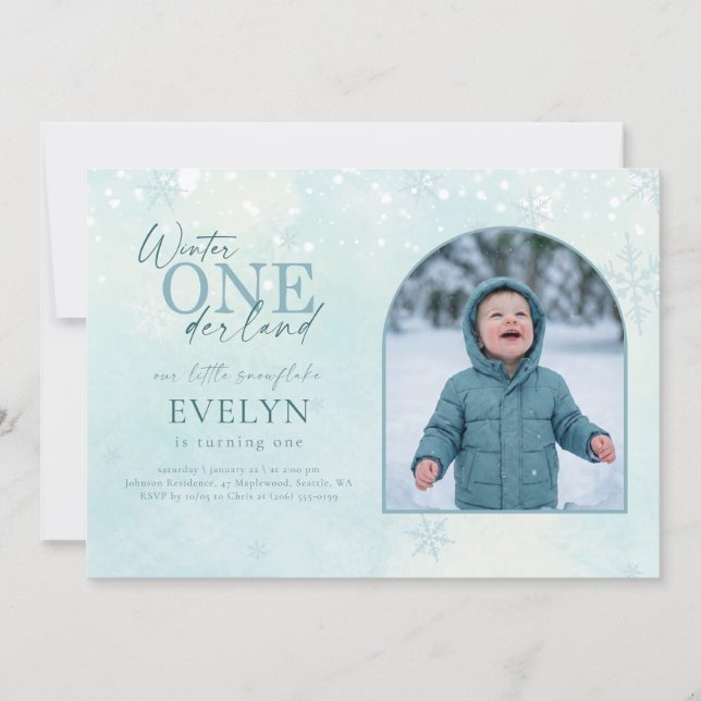 Convite Blue Winter ONEderland Arch Photo First Birthday (Frente)