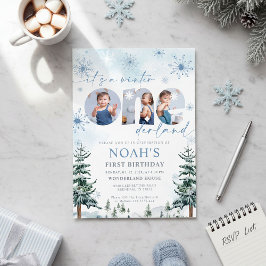 Convite Blue Winter Onederland Boy Bday Photo Invitation