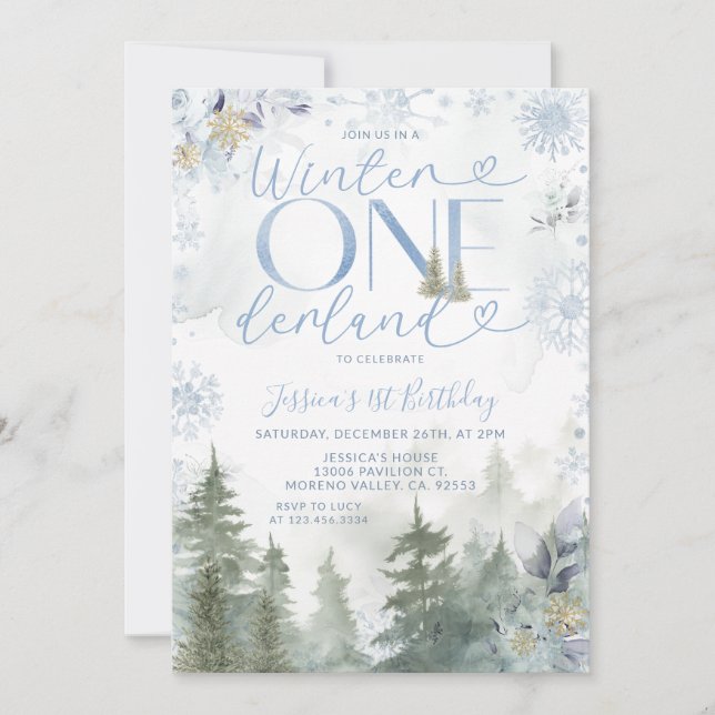Convite Blue Winter Onederland Forest Snowfall Birthday (Frente)