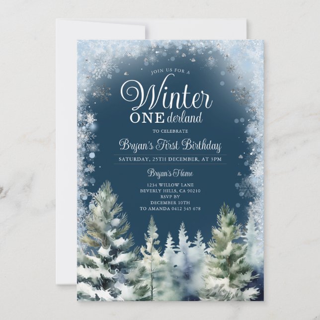 Convite Blue Winter Onederland Silver Snowflakes Aniversár (Frente)