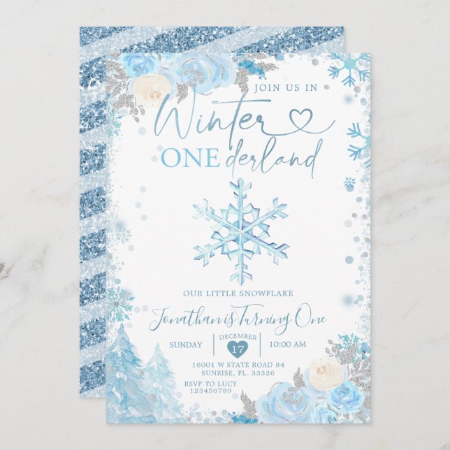 Convite Blue Winter Onederland Snowflake primeiro aniversa (Frente/Verso)