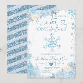 Convite Blue Winter Onederland Snowflake primeiro aniversa