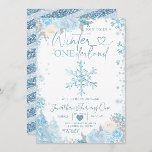 Convite Blue Winter Onederland Snowflake primeiro aniversa