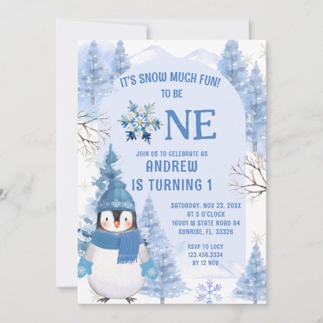 Convite Blue Winter Snow Muito Divertido Primeiro Aniversá (Frente)