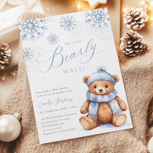 Convite Blue Winter Teddy Bear Baby Shower Invitation (Criador carregado)