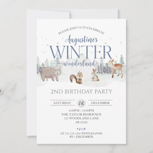 Convite Blue Winter Wonderland Birthday, segundo aniversár (Frente)