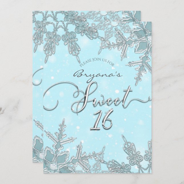 Convite Blue Winter Wonderland Elegant Snowflakes Sweet 16 (Frente/Verso)