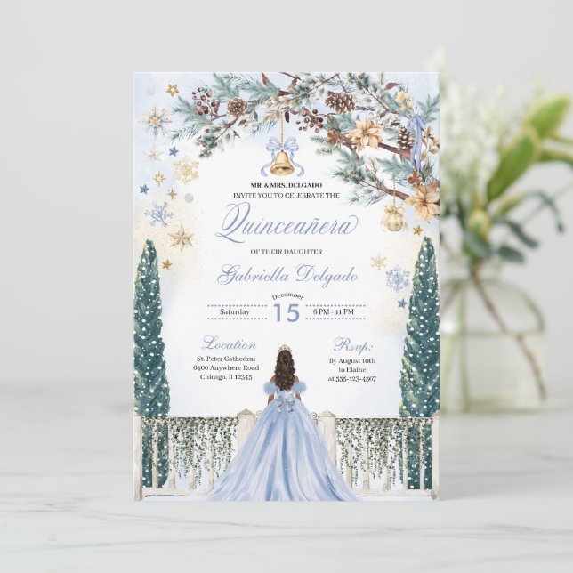 Convite Blue Winter Wonderland Snowflake Quinceanera (Em pé/Frente)
