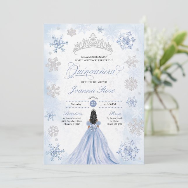 Convite Blue Winter Wonderland Snowflake Quinceanera (Em pé/Frente)